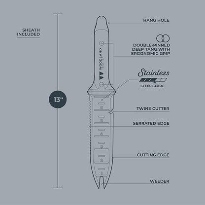 WOODLAND TOOLS Heavy Duty Hori Hori Garden Knife - Stainless Steel Soil Knife with Serrated Edge, Depth Markings, and Ergonomic Grip, Multi-Use Weeding and Digging Tool with Sheath for Gardening