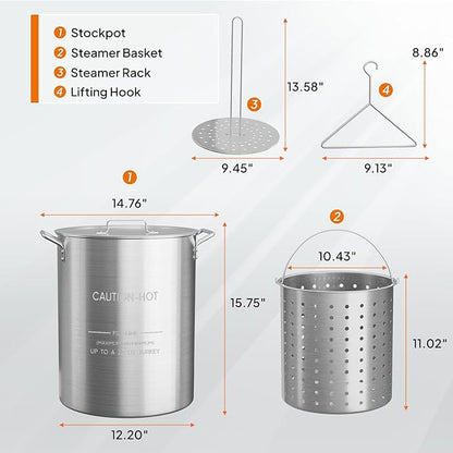 Bonnlo 30QT Aluminum Stock Pot for Boiling Seafood, Crawfish & Crab, Frying Turkey & Steaming Tamales, Large Boil Pot with Strainer Basket, Lid, Lifting Hook & Steamer Rack for Outdoor Cooking