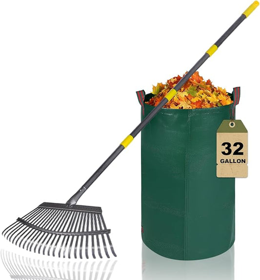 25 Metal Tines Rake for Leaves, 36-73" Adjustable Handle Garden Rakes,18" Wide Heavy Duty Rake with 32Gallon Reuseable Leaf Bag, A Great Cleanup Set for Lawn, Garden, Yards, Shrub,Grass, RV Camping