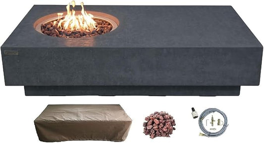 Elementi | Metropolis Gas Fire Pit Cast Concrete 56" Rectangular Fire Table, Outdoor Fire Pit Electronic Ignition | Canvas Cover, Lava Rock Included | Dark Gray (Natural Gas)