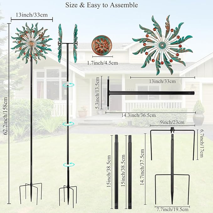 DREAMSOUL 13" Dia Wind Spinners Outdoor with 5 Prong Stakes, Kinetic Wind Spinner Metal Spinners for Yard and Garden
