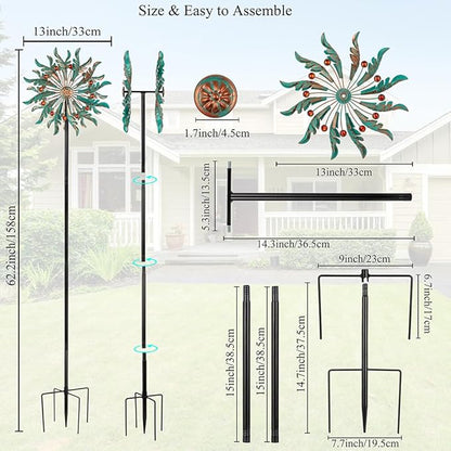 DREAMSOUL 13" Dia Wind Spinners Outdoor with 5 Prong Stakes, Kinetic Wind Spinner Metal Spinners for Yard and Garden