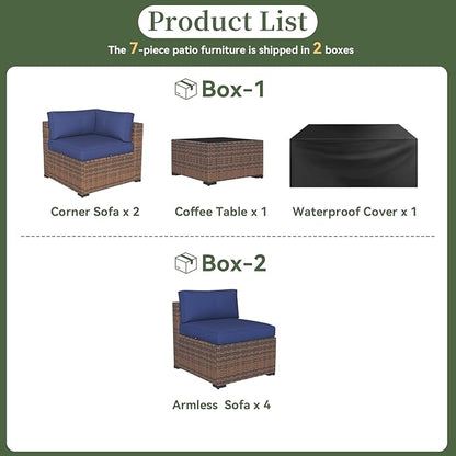 Aoxun 7 Piece Patio Furniture Set Wicker Rattan Patio Conversation Set Outdoor Sectional Sofa Set with Coffee Table and Thickened Cushions, Blue(Waterproof Cover Included)