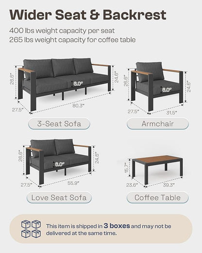 Aluminum Outdoor Patio Furniture Loveseat, All-Weather Outdoor Patio Sofa with Washable Thick Cushion, Patio Sofa Couch for Porch, Balcony, Deck, Yard, Graphite