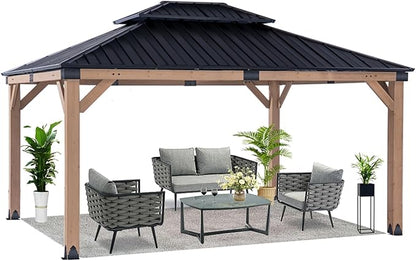 CHARMELEON Hardtop Wood Gazebo 10x12 ft – Cedar Wood Frame Gazebo with Double Metal Roof – Outdoor Wooden Gazebos Pavilion for Patio, Backyard and Deck – Frosted Black Top & Grayish Brown Frame