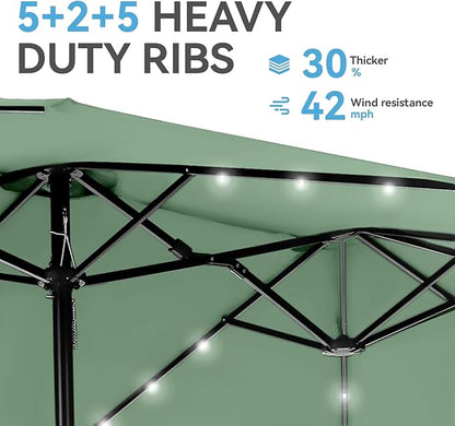 GREEN PARTY 15 ft Rectangle Patio Umbrella with Solar Lights and Base Included, Double-Sided Market Table Umbrella with Crank, Large Outdoor Umbrellas for Patio Poolside Garden Backyard, Mint Green