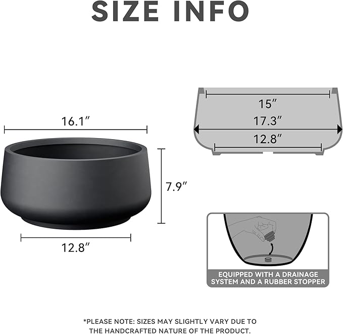 Kante 16.1" Dia Round Curvy Concrete Planter, Large Plant Pots with Drainage Hole and Rubber Plug for Indoor Outdoor Plants, Flower Pot for Home Garden Patio Porch, Black