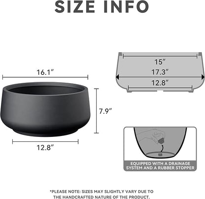 Kante 16.1" Dia Round Curvy Concrete Planter, Large Plant Pots with Drainage Hole and Rubber Plug for Indoor Outdoor Plants, Flower Pot for Home Garden Patio Porch, Black