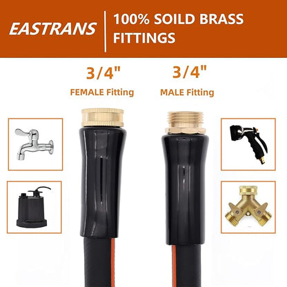 EASTRANS Short Garden Hose 10 ft x 5/8", Heavy Duty Water Hose with 3/4" Solid Brass Connector for All-weather Outdoor, Black & Orange