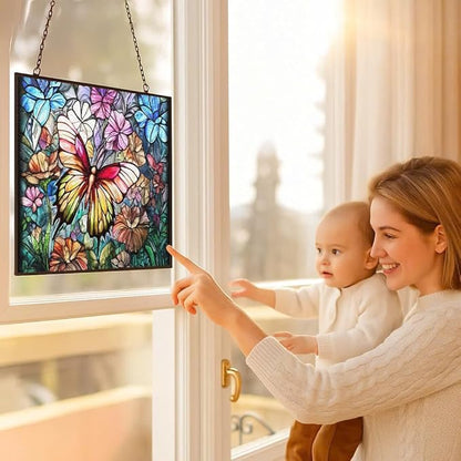 Rectangle Butterfly Suncatchers for Windows, Stained Glass Window Hangings,Hand-Painted Glass Panel Perfect for Home Décor
