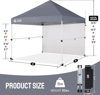 CROWN SHADES 10x10 Pop Up Canopy Tent with 1 Comercial Kit, Instant Commercial Tent with Patended Centerlock, 400D Silver Coated Fabric, 1 Sidewall, 4" Wheels, Sto'N Go Bag,Grey