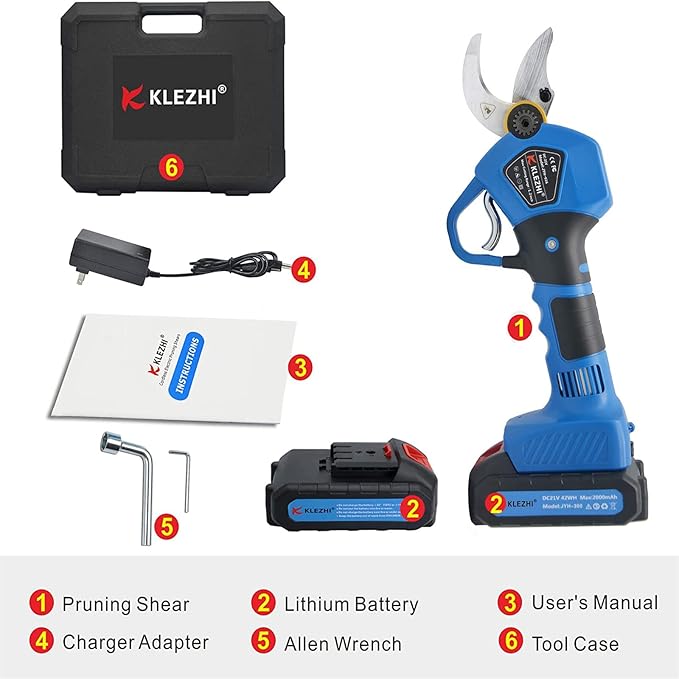 Professional Cordless Electric Pruning Shears with 2 PCS Backup Rechargeable 2Ah Lithium Battery Powered Tree Branch Pruner, 30mm (1.2 Inch) Cutting Diameter, 6-8 Working Hours