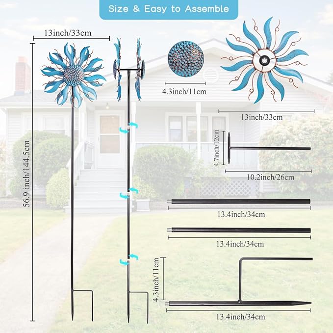 Wind Spinner Outdoor Decoration, 57”H*13”D Wind Sculptures Metal Yard Art Windmill, Pinwheels for Yard and Garden