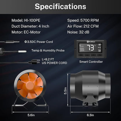 Hon&Guan PRO 4 Inch Inline Duct Fan - 212 CFM with Quiet EC Motor & Temperature Humidity Smart Controller, Ventilation Exhaust Fan for Heating Cooling, Grow Tents, Hydroponics (Black&Orange)