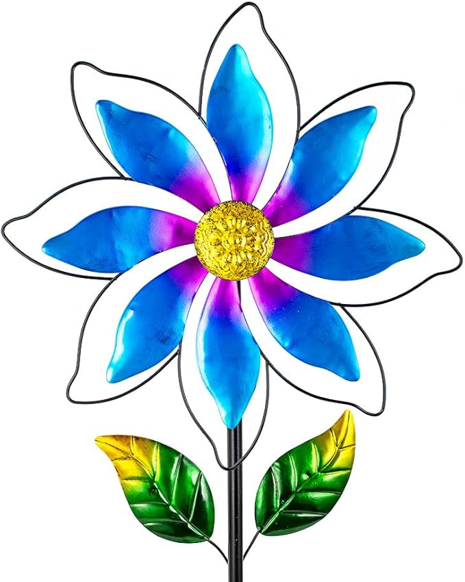 14'' Wind Spinners Outdoor, Flower Metal Garden Wind Spinners Outdoor, Kinetic Wind Sculptures & Spinners for Yard Garden Lawn Decor (Blue)