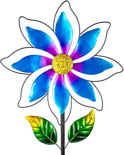 14'' Wind Spinners Outdoor, Flower Metal Garden Wind Spinners Outdoor, Kinetic Wind Sculptures & Spinners for Yard Garden Lawn Decor (Blue)