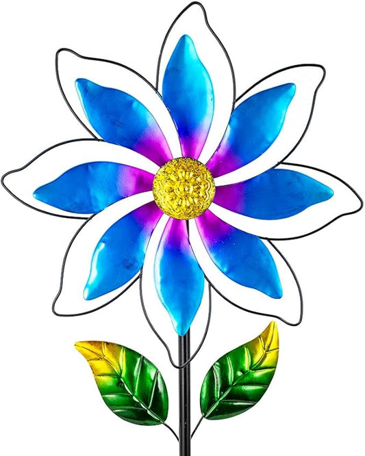 14'' Wind Spinners Outdoor, Flower Metal Garden Wind Spinners Outdoor, Kinetic Wind Sculptures & Spinners for Yard Garden Lawn Decor (Blue)