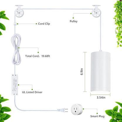 HMVPL Hanging Grow Light, Plant Lights Full Spectrum with 4000K 40W COB Bulb, Pulleys and Smart Timer, Indoor Grow Lamp for Tall Tree Hydroponics