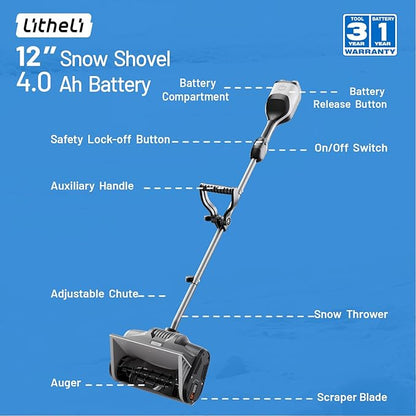 Litheli Cordless Snow Shovel, 40V 12'' Brushless Electric Snow Blower for Driveway, Battery Powered Snow Thrower, 4.0Ah Battery Included