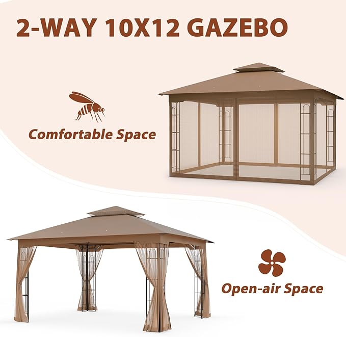 EAGLE PEAK Patio Gazebo with Mesh Netting 13x11 at Top 12x10 Footprint, Soft Top Outdoor Pavilion for Backyard, Deck, Lawn and Garden, Brown