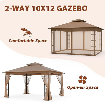 EAGLE PEAK Patio Gazebo with Mesh Netting 13x11 at Top 12x10 Footprint, Soft Top Outdoor Pavilion for Backyard, Deck, Lawn and Garden, Brown