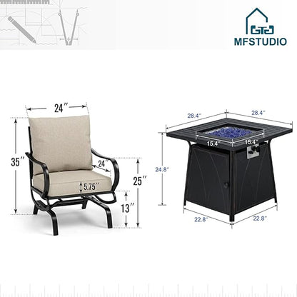 MFSTUDIO 5 Pieces Patio Conversation Sets, Outdoor Metal Furniture Sofas with 1 x 28 50,000 BTU Square Propane Fire Table and 4 x Wrought Iron Frame Rocking Chairs with Beige Cushion
