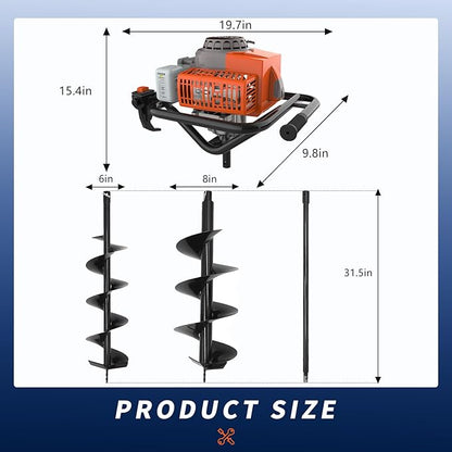 72cc 2-Stroke Auger Post Hole Digger with 2 Extension Rods & 6" & 8" Auger Bits - Gas Powered Earth Auger for Fencing, Gardening, Construction - Heavy Duty Digging Machine (72cc+2 Auger Bit(6"8"))