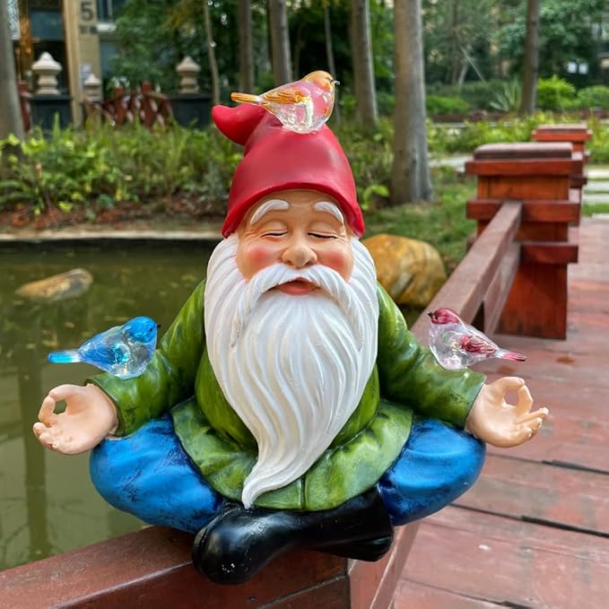 Solar Powered Gnome with Red Hat and 3 Birds, Resin Garden Ornament with LED Light, Lawn Figurine Outdoor Decoration Statue (Gnome with 3 Birds)