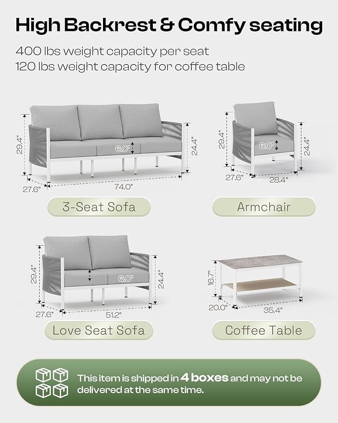 Aluminum Outdoor Sofa Armchair, HDPE Rope Patio Couch with Washable Thick Cushion, All-Weather Outdoor Patio Chairs Set of 2 for Balcony, Yard, White Frame, White