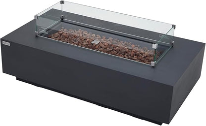 AMS Creations | Madison 60" Bundle Rectangular Propane Gas Outdoor Fire Pit Table | Dark Gray Concrete GFRC | Smooth Texture or Surface | Electronic Ignition | Outside Backyard Fireplace