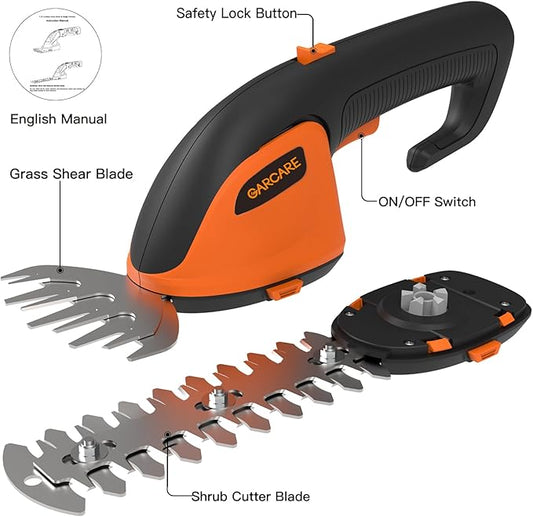 GARCARE 2-in-1 Cordless Grass Shear & Hedge Trimmer, 7.2V 2000mAh Li-ion Battery, Type-C Charging, Lightweight for Lawn, Shrubs, Patio