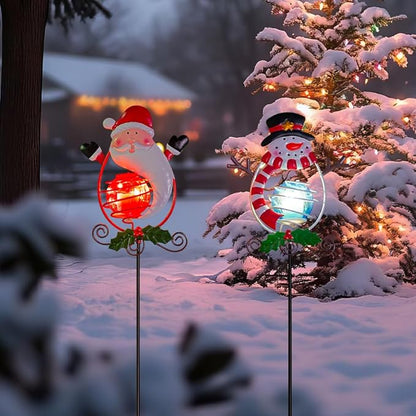 Christmas Solar Garden Lights Outdoor,2 Pack Xmas Santa Claus Snowman Solar Stake Lights,Christmas Decorations Outdoor Present for Yard Garden Patio Decor