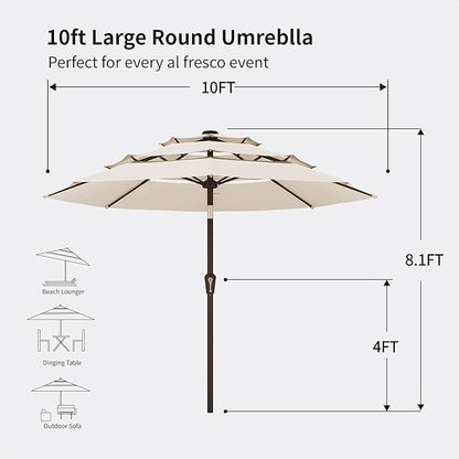 Kingdura 10ft 3-Tier Patio Umbrella, Outdoor Table Umbrella with Easy Crank & Tilt, 8 Reinforced Ribs, UV Protection for Deck, Pool, Market, Backyard (Beige)