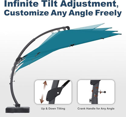11FT Cantilever Umbrella with Base Large Curvy Outdoor Aluminum Offset Umbrella w/ 360° Rotation, UV Resistant Canopy for Patio, Garden, Backyard, Lake Blue