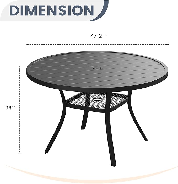 VICLLAX 48" Round Patio Dining Table for 4-6, Metal Outdoor Dining Table with Umbrella Hole for Garden Lawn Deck, Black