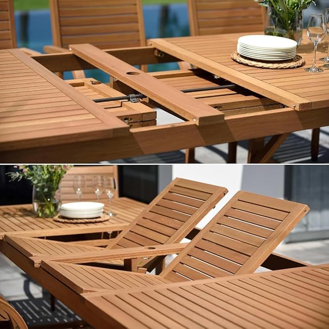Amazonia Jefferson 11-Piece Patio Extendable Dining Table Set | Teak Finish & Light Grey Wicker Chairs with Cushion | Ideal for Outdoors and Indoors