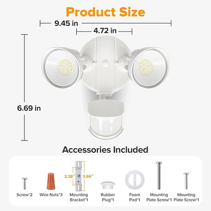 UME LED Security Light Motion Sensor Outdoor Lights, 27W 3000LM, 5000K, IP65 Waterproof, Dusk to Dawn, 2 Head Motion Detector Flood Light for Outside, Garage, Yard (White)