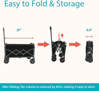 Wagons Carts Foldable, 260 Lbs with Adjustable Handle, Black Lightweight Portable, Collapsible Wagon for Camping, Shopping, Sports, Travel, Garage and Gardening Storage with Drink Holders