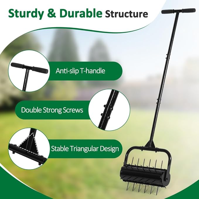 SMONTER Manual Lawn Aerator, 17” Heavy Duty Rolling Aerator Lawn Tool for Yard Garden, Aeration Tool with Spike Soil Penetrator