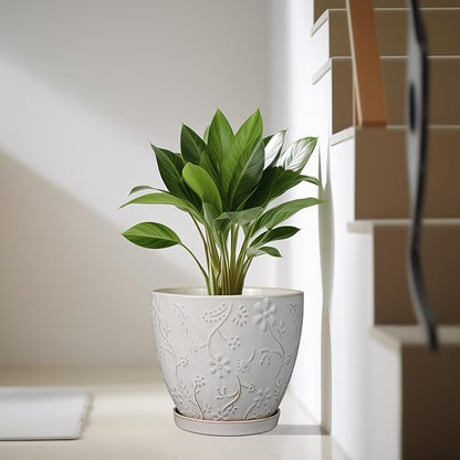 10 Inch Plant Pot Ceramic Planter Pot with Drainage Hole and Saucer Round Planter Large Flower Pot for Indoor Outdoor Plants Home Garden Decor White