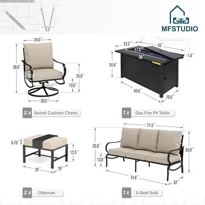 MFSTUDIO 6 Pieces Patio Furniture Sets with 45" Gas Fire Pit Table(Up to 7 Seat),Outdoor Metal Conversation Sofas with 1 x 3-Seat Sofa, 2 Swivel Chairs and 2 Ottoman,Beige Cushion