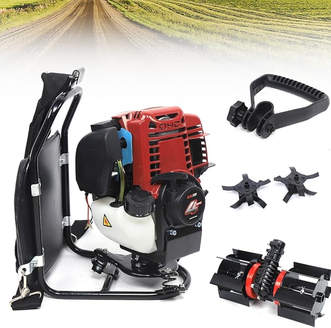3 in 1 Multi-Function Tiller Cultivator 35.4CC 4 Stroke Backpack Brush Cutter,Gas Powered Hedge Trimmer Air-Cooled Single Cylinder Digging Tool for Garden, Yard and Farm Remove Weeds Soil Cultivation