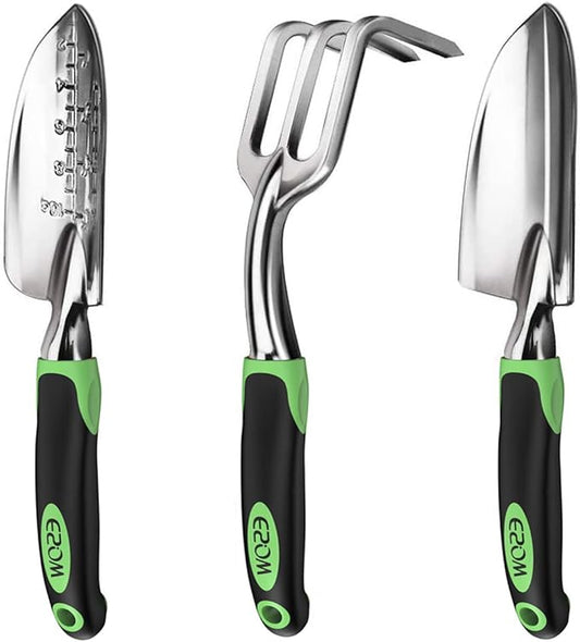 ESOW Garden Tool Set, 3 Piece Cast-Aluminum Heavy Duty Gardening Kit Includes Hand Trowel, Transplant Trowel and Cultivator Hand Rake with Soft Rubberized Non-Slip Ergonomic Handle, Garden Gifts