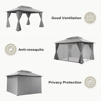 Outdoor Patio Gazebo 10x13FT, Heavy Duty Party Tent & Shelter with 2-Tier Roof and Expansion Bolts, Mosquito Nettings and Privacy Screens for Backyard, Garden, Poolside, Gray