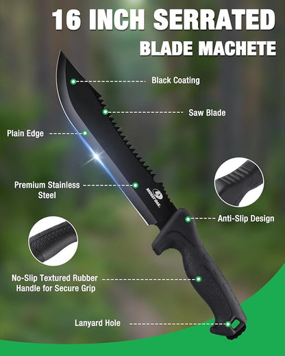 Mossy Oak 16" Heavy Duty Machete with Saw and Sheath, Sharp Dual-Edge Blade, Ergonomic Non-Slip Handle for Bushcraft, Outdoor Hunting, Garden Cutting and Yard Work