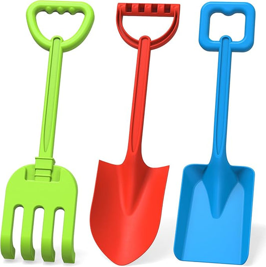 3 PCS Beach Shovel Sand Shovels Toys for Kids Adults, 16 Inch Spade Rake Sandbox, Sturdy Scoop Trowel Garden Digging Planting Tool Kit, Kids Snow Shovel Outdoor Play Summer Vaction Gift Party Favor