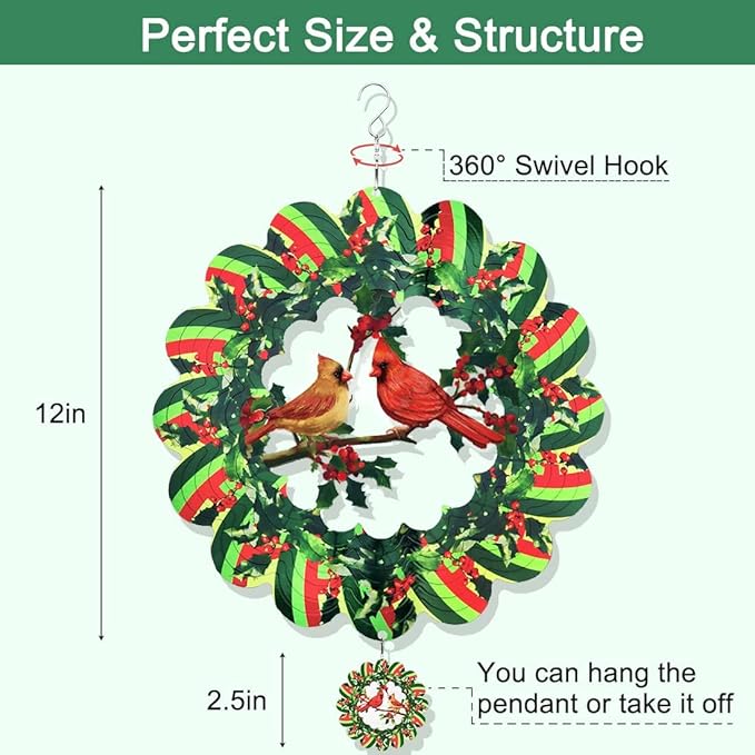 Cardinal Wind Spinner,12.1 Inches Green Garden Bird Spinner Hanging Yard Art, 3D Wind Spinners Outdoor Metal Clearance, Large Colorful Spinning Wind Catcher, Wind Sculpture Spinifity Ornaments Gifts