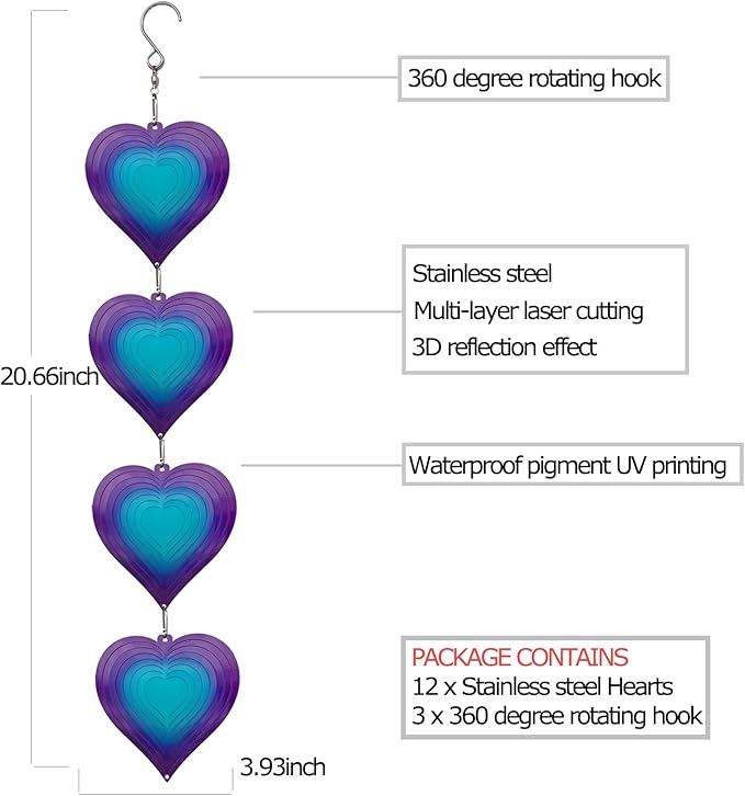 DJUAN Wind Spinners Outdoor Garden Decor,Purple-Green Heart Yard Lawn Ornaments Metal Wind Spinner with 360 Degree Swivel Hook, Christmas,Luau Party,Tropical Party Decorations,Gifts for Mom,Women