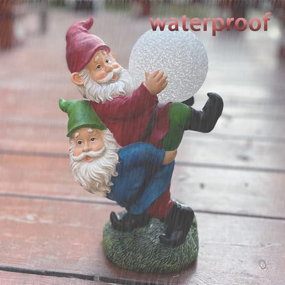 Solar Powered 2 Gnomes Playing with Ball, Decorated Solar Light, Garden Decorations Statues, Resin Garden Figurines (2 Gnomes with a Glass Ball)