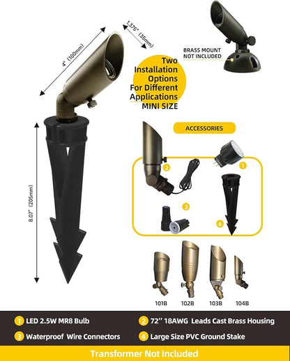 COLOER Mini Size Die-cast Brass Landscape SpotLights Outdoor, 2.5W 12Volt AC/DC Low LED Voltage Spot Light, IP65 Waterproof Light Houses Decorations for Yard, Bronze,2700K Warm White(104B)